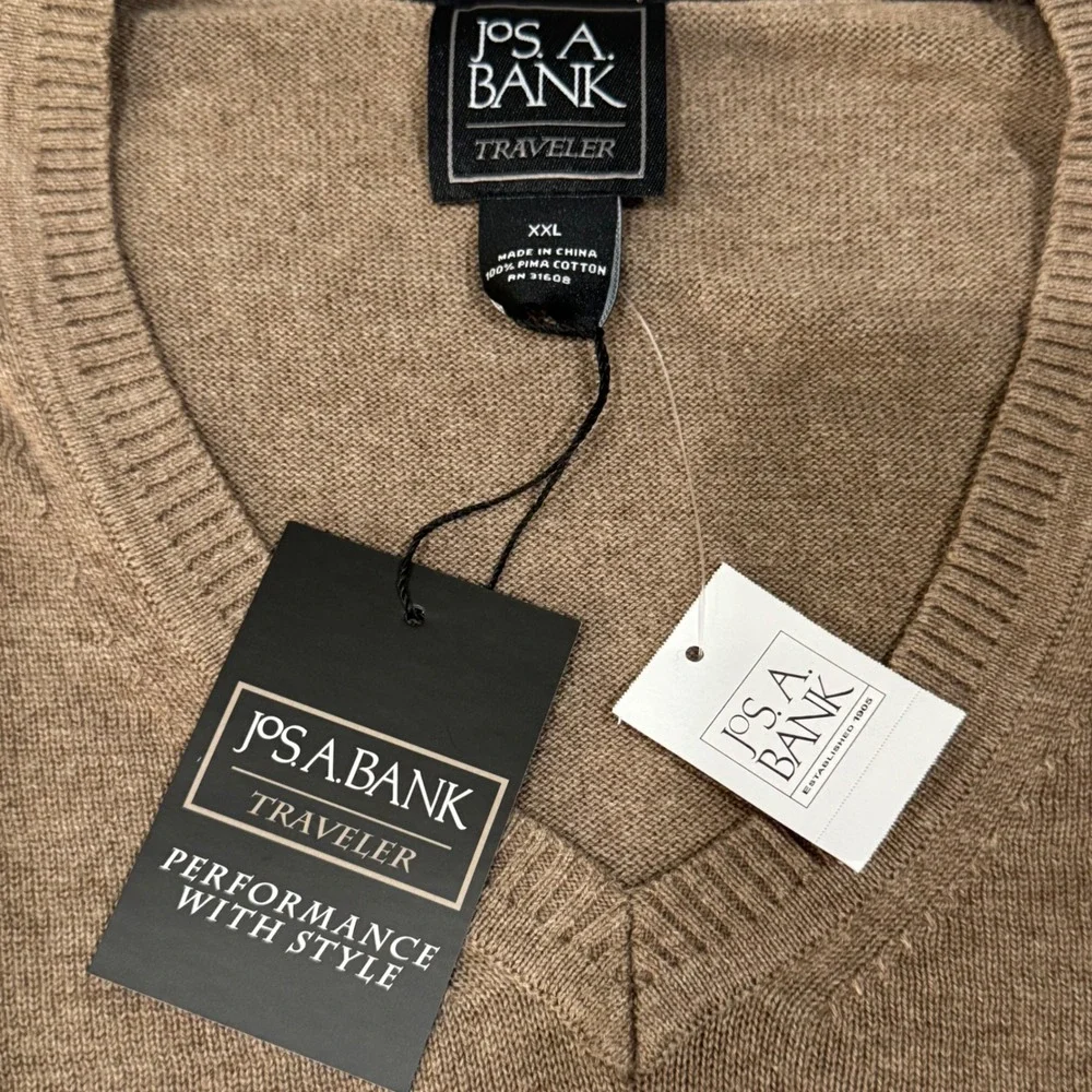 Jos. A. Bank Sweater Mens XXL Tan Traveler V-Neck 100% Pima Cotton J035874 NWT